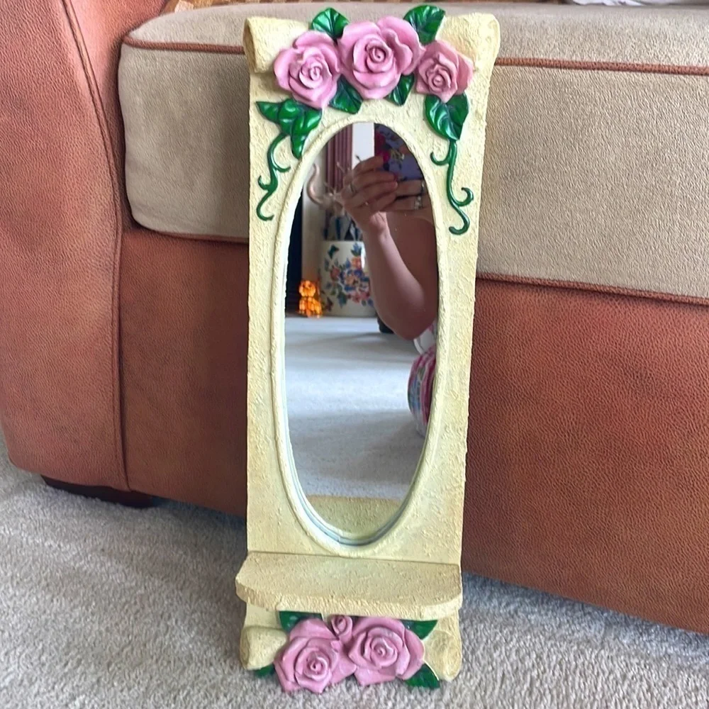 Vintage Victorian Roses Vines Cream Scroll Oval Mirror w/ Ledge Floral Antique